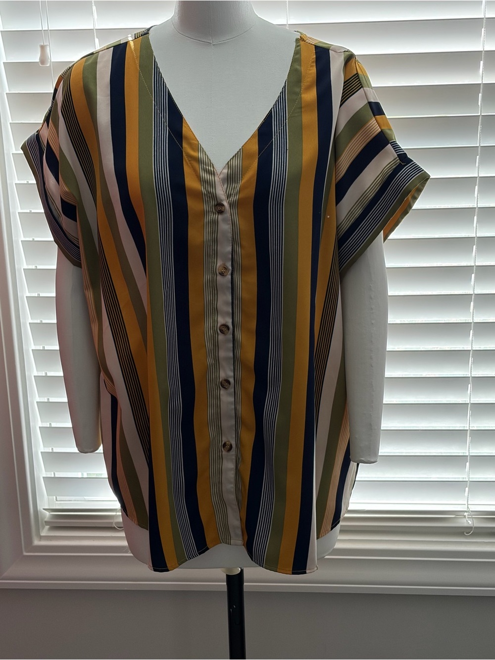 Striped V-Neck Button Front Women’s Top in Mustard & Navy